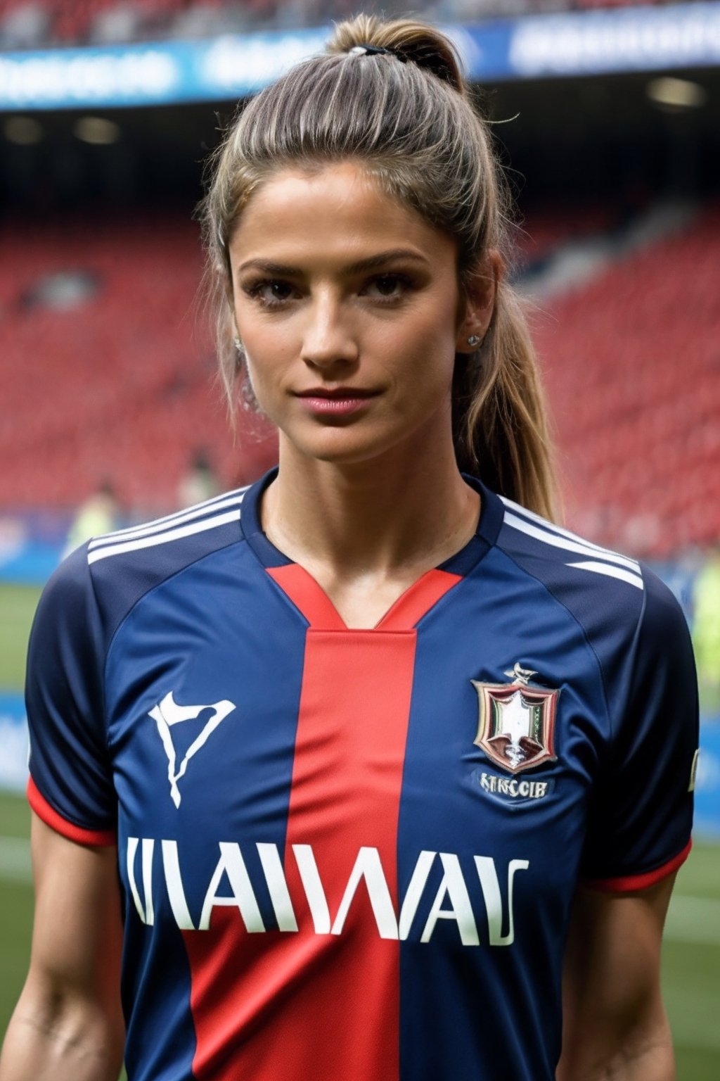 1girl, play soccer, stadium, cr7, upper body, ((face focus)), ,breast, portugal shirtm a professional photo of a gorgeous natural (beautiful:1.2) (cute:1.3) (curvy:0.7) dark-blonde intelligent Scandinavian female soccer player in a crowded stadium, soccer ball, (smiling:0.7), detailed skin, (realistic skin:1.2), (freckles:0.9), blue eyes, full lips, broad cheek, masterpiece, ultra realistic, realistic light, (saturation:0.4), photorealistic, best quality