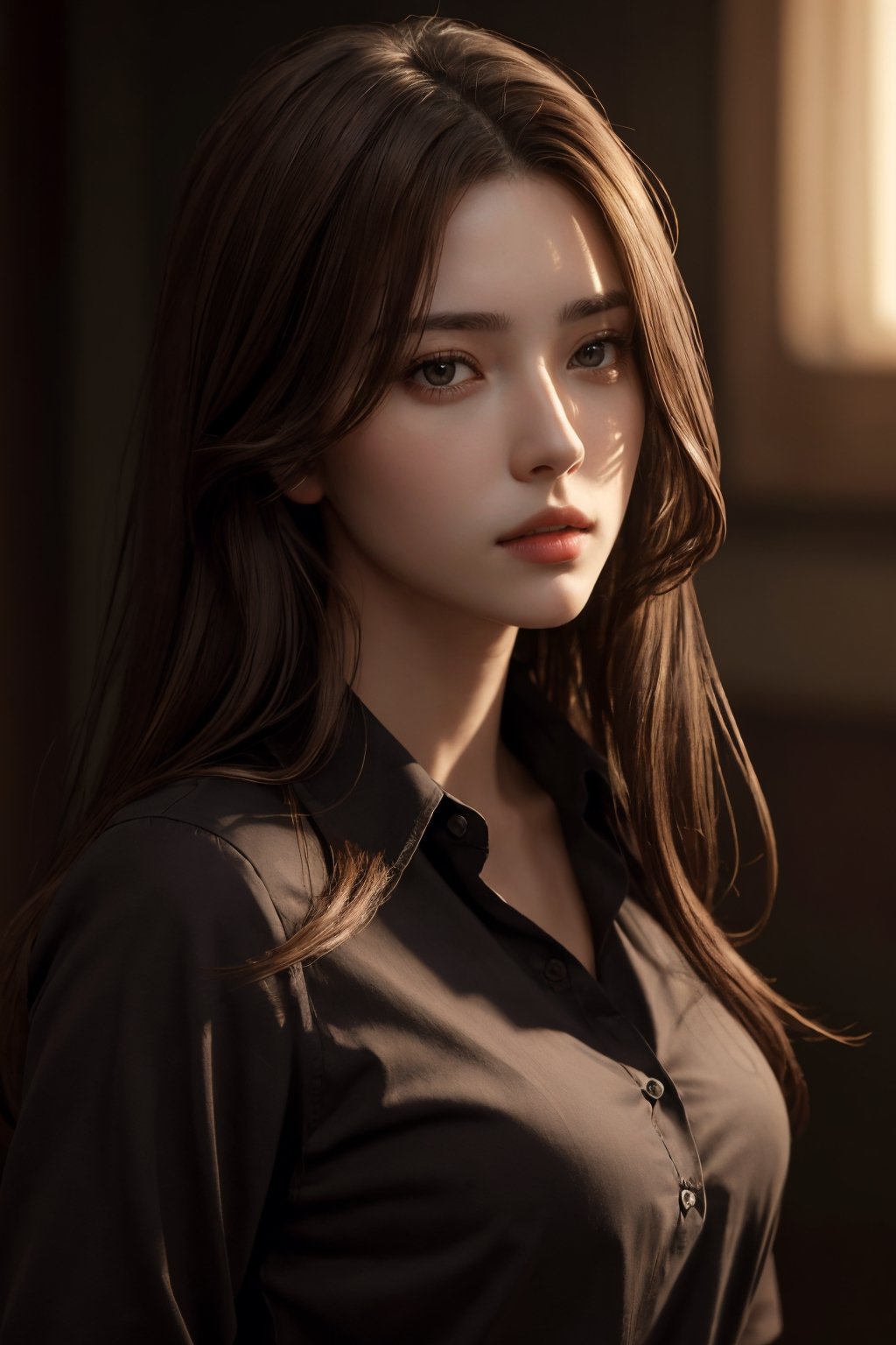 photorealistic, masterpiece, best quality, raw photo, 1girl, medium breasts, long hair, brown hair, collared shirt, looking at viewer, dynamic lighting, in the dark, deep shadow, low key, intricate detail, detailed skin, pore, highres, hdr