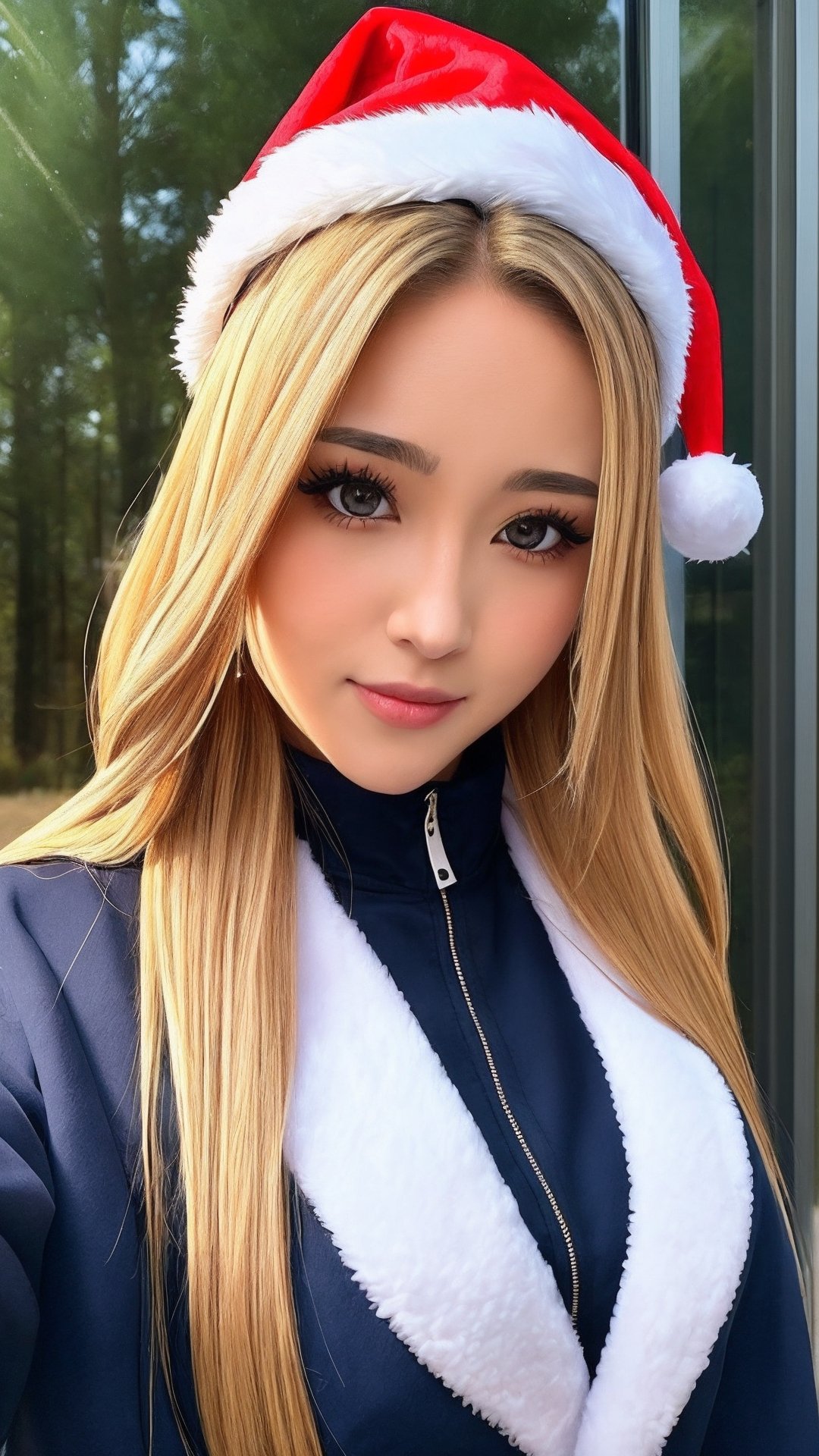 masterpiece,  best quality,  1girl,  solo,  gakuran,  christmas hat, christmas suit, long hair,  Naruto uzumaki,  long blonde hair,  spiked hair , n4rut0, facial mark,  forehead protector,  konohagakure symbol,izumi ran,transgirl