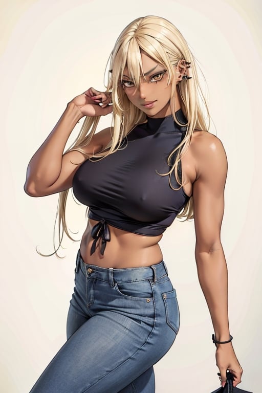 ,long_hair,blond_hair,((hanging_breasts:1.5)),standing,(dark_skin:1.5),mirko mha,1girl yellow eyes earrings,(nobara kugisaki:1.0), extremely detailed,(manga_style:1.0),knee,mature_female:1.0,(gyaru:1.0),slender,evil_smile,colored_nails,city,walking, Casual clothing,bag