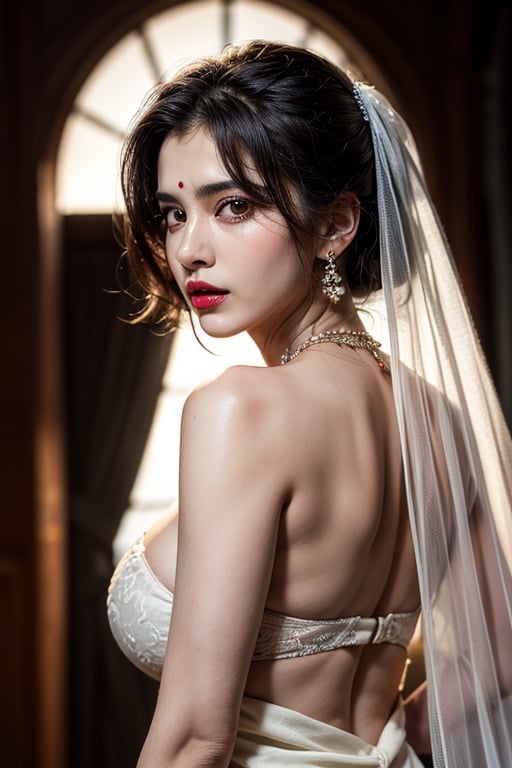 Indian women,dark skin,from_behind,white saree,black eyeliner, cherry red lipstick,brightness on body, brightness, massive cleavage, Woman, hd, raw photo, 8k, high_resolution,perfect eyes,brown_skin,Detailedface,Detailedeyes