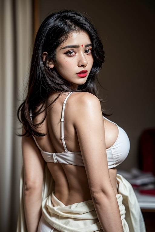 Indian women,very dark skin,from_behind,white saree,black eyeliner, cherry red lipstick, black eyeshadow, brightness on body, brightness, massive cleavage, Woman, hd, raw photo, 8k, high_resolution,perfect eyes,indian face,brown_skin,Detailedface