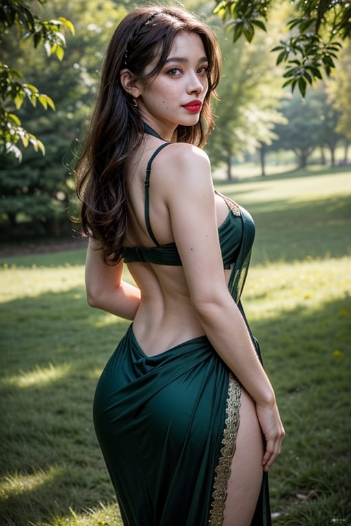 (masterpiece, best quality, hires, high resolution:1.2), extremely detailed, realistic, intricate details, highres, 1girl, solo, dark green hair, tri braids, hairpin, dark eyes, freckles, light smile, pointy ears, big breasts, wearing saree dress, (thick thighs, wide hips), leaning back, in a flower meadow, (sunlight, cinematic lighting, volumetric), looking at viewer, low-angle shot, from behind, from below, perfect eyes,women,black eyeliner, cherry red lipstick, black eyeshadow, brightness on body, skin blemishes, brightness, massive cleavage, 