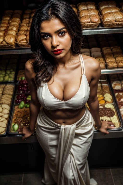 women surrounded by food,food,View from top,full_body,1 women,full body view from above,Indian women,dark skin,white saree,black eyeliner, cherry red lipstick,brightness on body, brightness, massive cleavage, Woman, hd, raw photo, 8k, high_resolution,, extremely detailed,very dark skin, dark brown skin,Detailedface