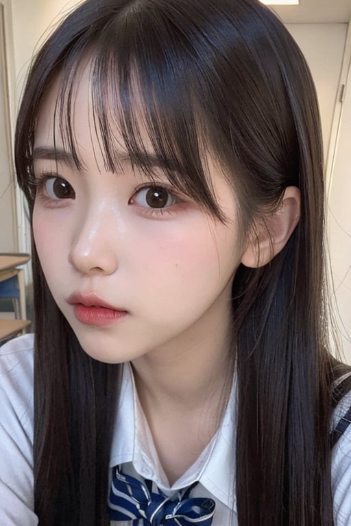 masterpiece, best quality, photorealistic, raw photo, 1girl,  long_hair, detailed skin, pore, low key, natural lighting on one's face,ion___chu___,Face_only,young_and_beautiful_girl,Korean,baby_skin,small_face,looking_at_you,very_small_eyes,iu,Puffy_lips,eyelashes_short,school_uniform,quad_tails