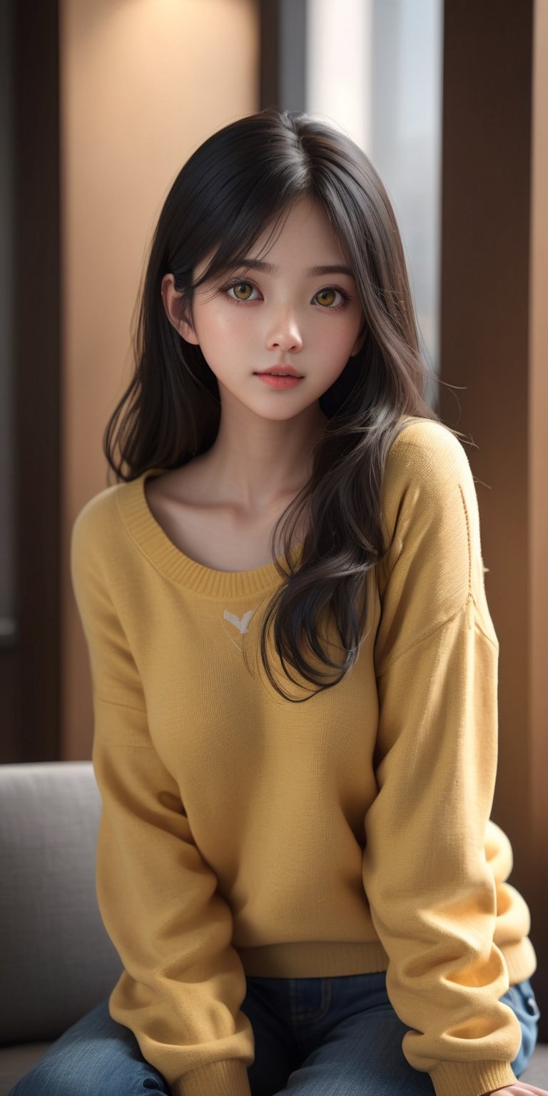 ((1 Taiwan girl, 18 year old girl)),whole body,  beautiful shining body,((black hair:1.3)),big eyes, beautiful girl with fine details, Beautiful and delicate eyes, detailed face, Beautiful eyes,((realism )), dynamic far view shot,cinematic lighting, perfect composition, by sumic.mic, ultra detailed, official art, masterpiece, (best quality:1.3), reflections, extremely detailed cg unity 8k wallpaper, detailed backgroandund, masterpiece, best quality , (masterpiece), (best quality:1.4), (ultra highres:1.2), (hyperrealistic:1.4), (photorealistic:1.2), best quality, high quality, highres, detail enhancement,((long hair)),((yellow Sweater:1.2)),((5 star hotel lobby)),((sitting on the sofa)),