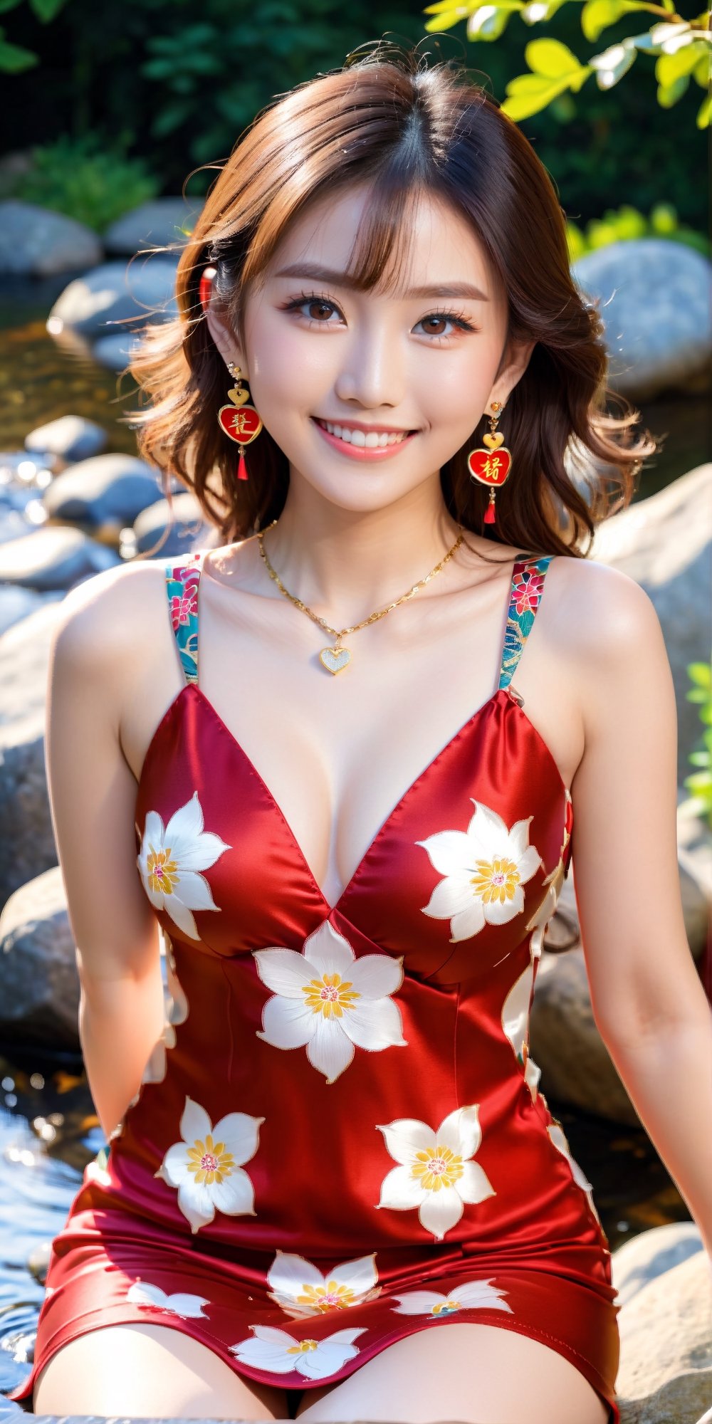 (Masterpiece, best quality, super detailed, fine, high resolution), 1_ woman, japan, beautiful face, pretty girl, smiley face, soft, 18 years old, full body shape, medium breasts, small earrings, alluring Body, brown eyes, heart-shaped necklace, black curly long hair, eye contact, smiling face, sneakers, cute, full body picture, sexy long legs, Chinese style high-cut cheongsam lifted, Sitting on a rock in the stream, smiling, perfect dynamic composition, beautiful and detailed eyes, photo r3al, detailmaster2,