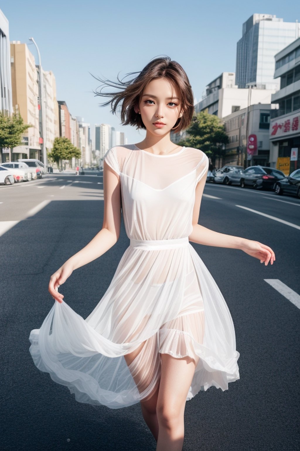 An 18-year-old girl with sparkling beautiful eyes. dancing on the street, wearing (short:1.5) white sheer dress on a nude body, her nude body visible through the fabric, (the wind blows under the skirts of the dress), sunny, vibrant colors, masterpiece, advertising photo, Taipei, contrast, 4k, high_res