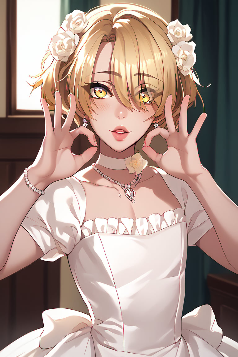 score_9,score_8_up,score_7_up,score_6_up,Izum1S3n4, white wedding dress,blonde hair, yellow eyes,f3mb0y,femboy,trap,ok sign,double ok sign,ok sign over eye