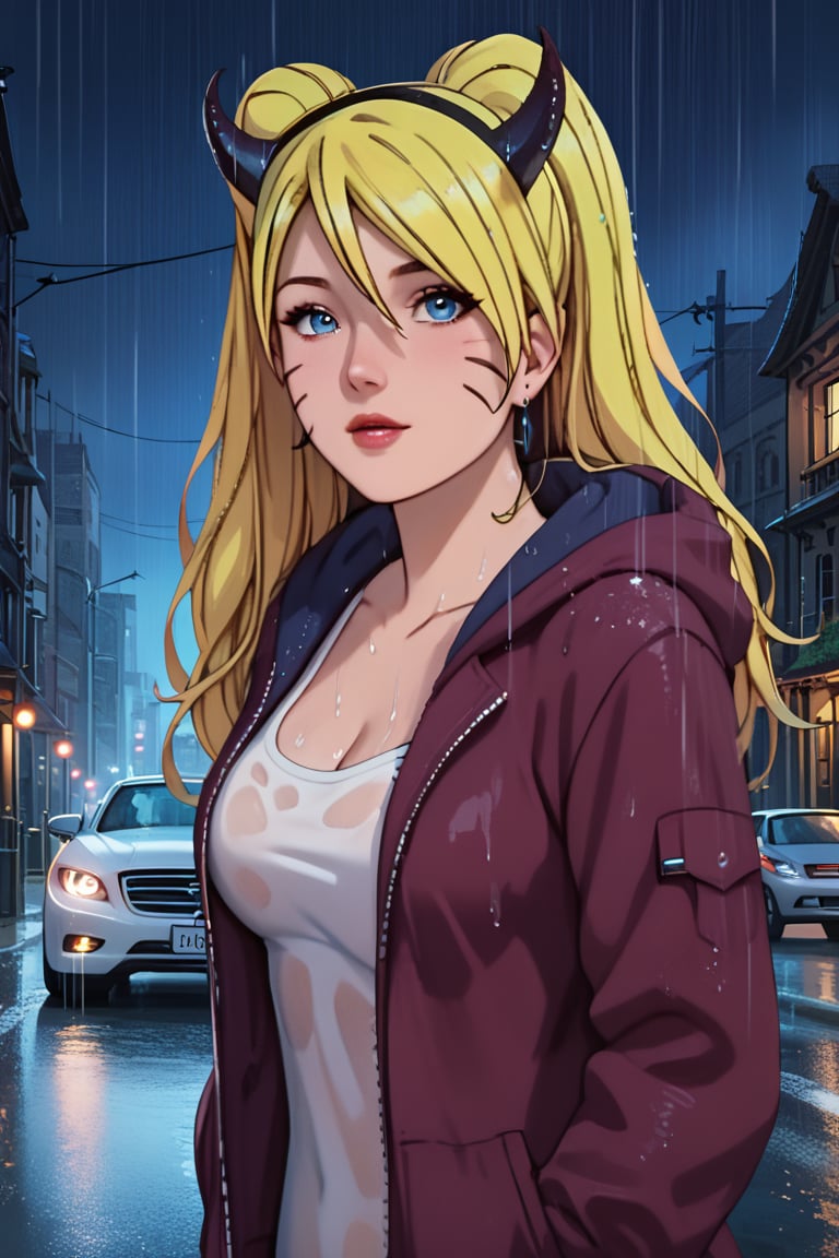 score_9,score_8_up,score_7_up,score_6_up, n4ruk0_d3v1l,blonde hair,blue eyes,twintaill hair,horn, rainy city, dark night, cars passing by