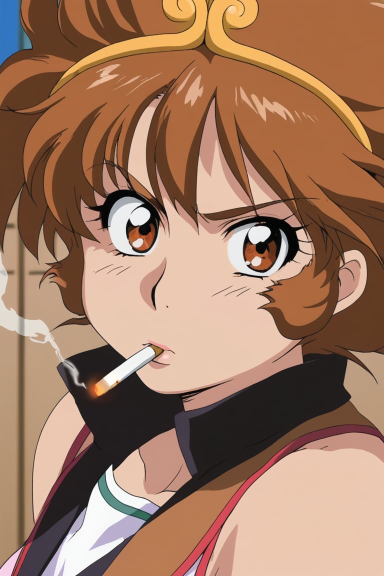 Arisugawa_MayukoIAS,brown eyes, brown hair, 1girl, cigarette, smoking, brown hair, school uniform