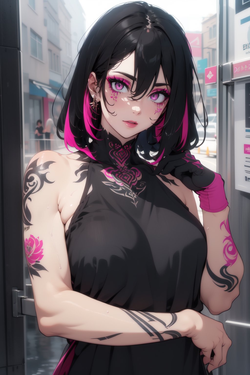 Álfhildr (CSDLN), body tattoo, arm tattoo, black hair, two-tone hair, pink eyes, bright makeup, dark circles in the eyes, strange smile, looking at the camera, Black dress, wet clothes, earring, red necklace
