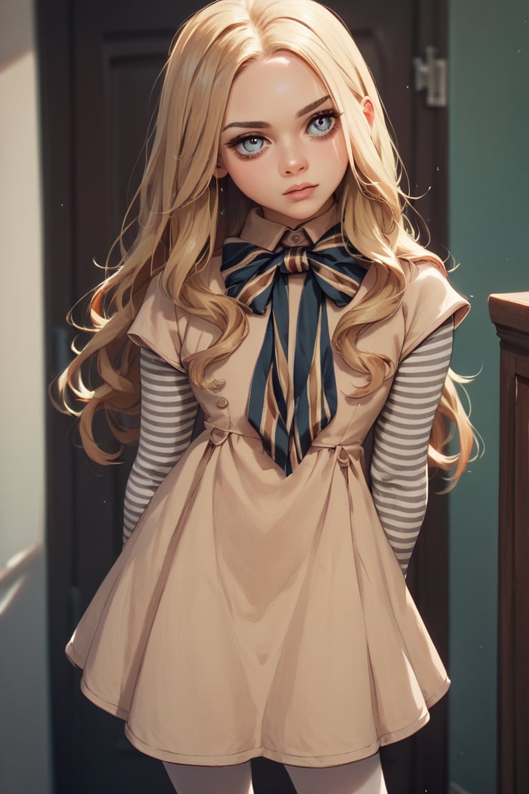 score_9, score_8_up, score_7_up,score_6_up, score_5_up, score_4_up,M3GAN, 1girl, long hair, blue eyes, blonde hair, parted bangs, split bangs, white pantyhose, beige dress, long sleeves, striped sleeves, bow, black shoes