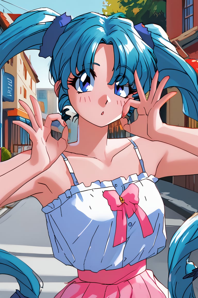 score_9, score_8_up, score_7_up, ok sign,double ok sign,ok sign over eye,H0shin0K1r4r4, blue hair, long hair, long twintails hair, blue eyes