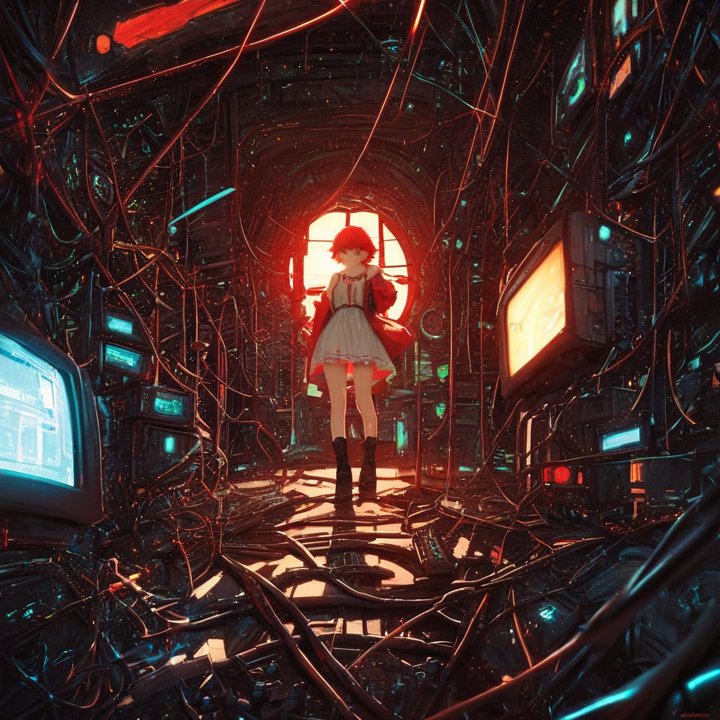 score_9, score_8_up, score_7_up, score_6_up, score_5_up, score_4_up, 1girl,d3pr3ss1v3_m4ch1n3s, televisions everywhere,Science fiction, cables everywhere,red lighting