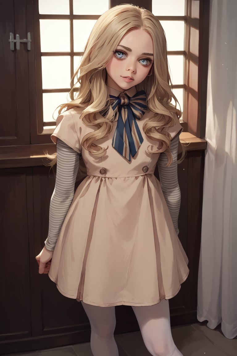 score_9, score_8_up, score_7_up,score_6_up, score_5_up, score_4_up,M3GAN, 1girl, long hair, blue eyes, blonde hair, parted bangs, split bangs, white pantyhose, beige dress, long sleeves, striped sleeves, bow, black shoes,bowlegged_pose