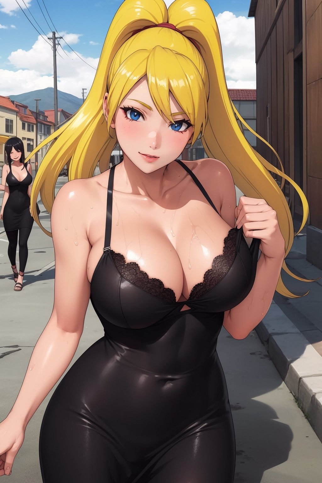 naruko_jutsu_sexy, black dress, wet clothes, detailed clothes on the body, tight dress, cleavage, smile on the face, visible bra, city with people
