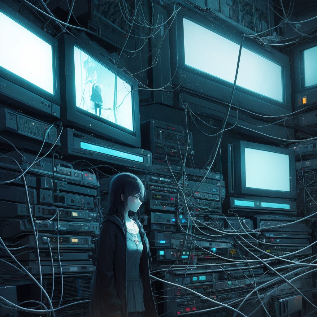 Depressive Machines, 1girl, green lighting, televisions everywhere, cables everywhere, 