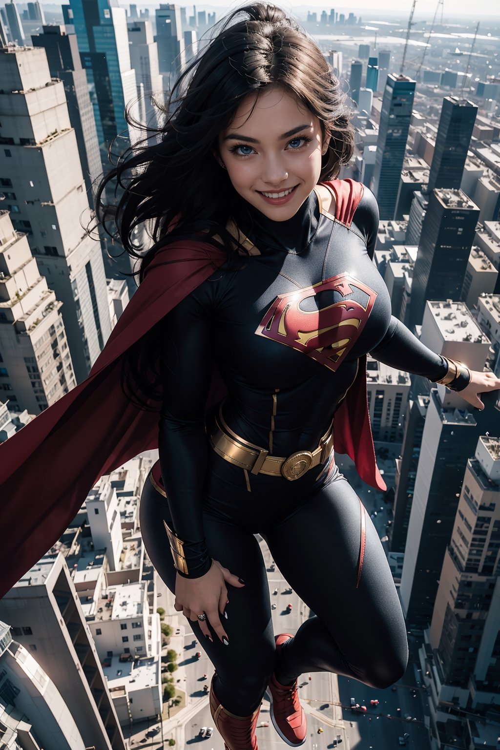 beautiful 25 year old woman, hazel eyes, She has a body of a fitness model, large breasts, black hair, bangs, smiling, hourglass body shape, slim waist, full-body_portrait, supergirl, long red cape, levitating, sky, zero gravity, above city, view from above looking down, depth_of_field