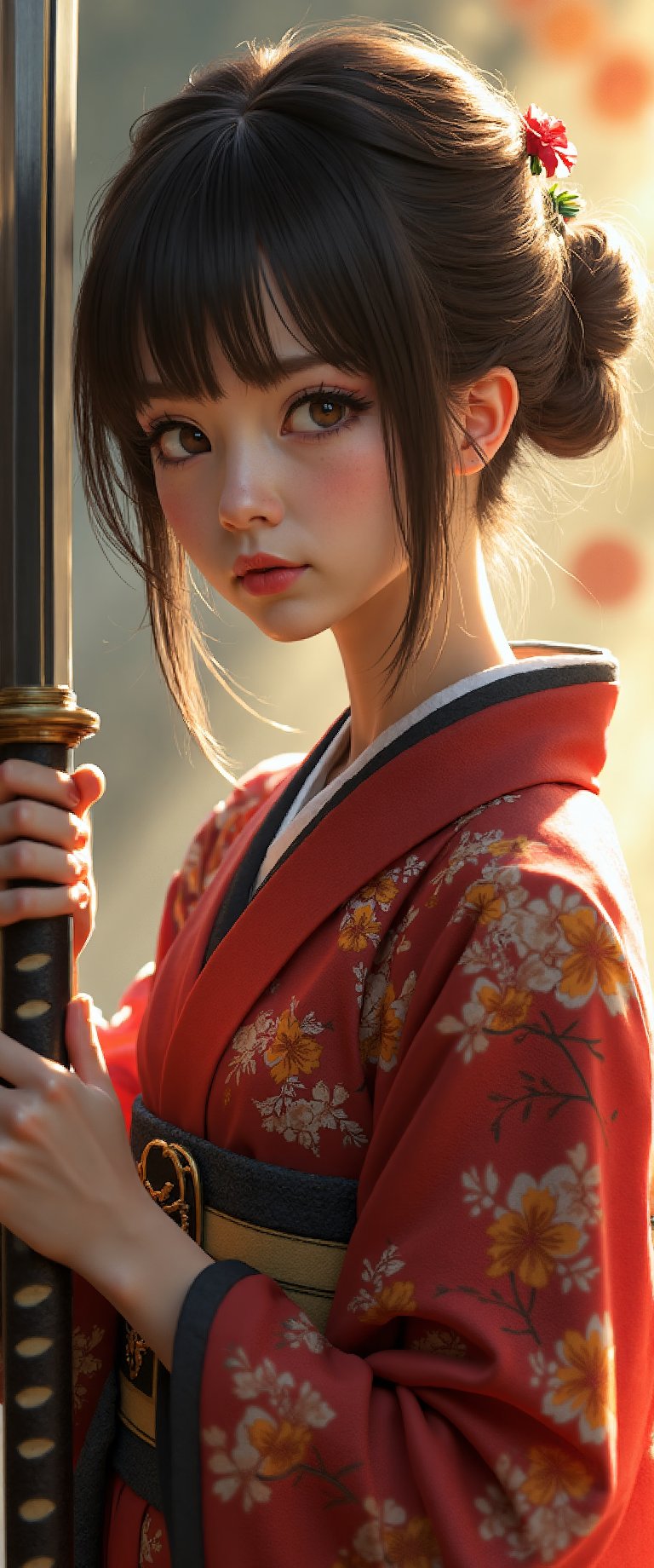 realistic photo,cimenatic style,chiarosaurio, depth of field, cinematic ligth, film, sharp focus
a realistic scene featuring 

1girl, solo, looking at viewer, brown hair, black hair, holding, brown eyes, standing, full body, weapon, japanese clothes, sword, kimono, holding weapon, blurry, blurry background, holding sword, floral print, katana, sheath, realistic, red lips