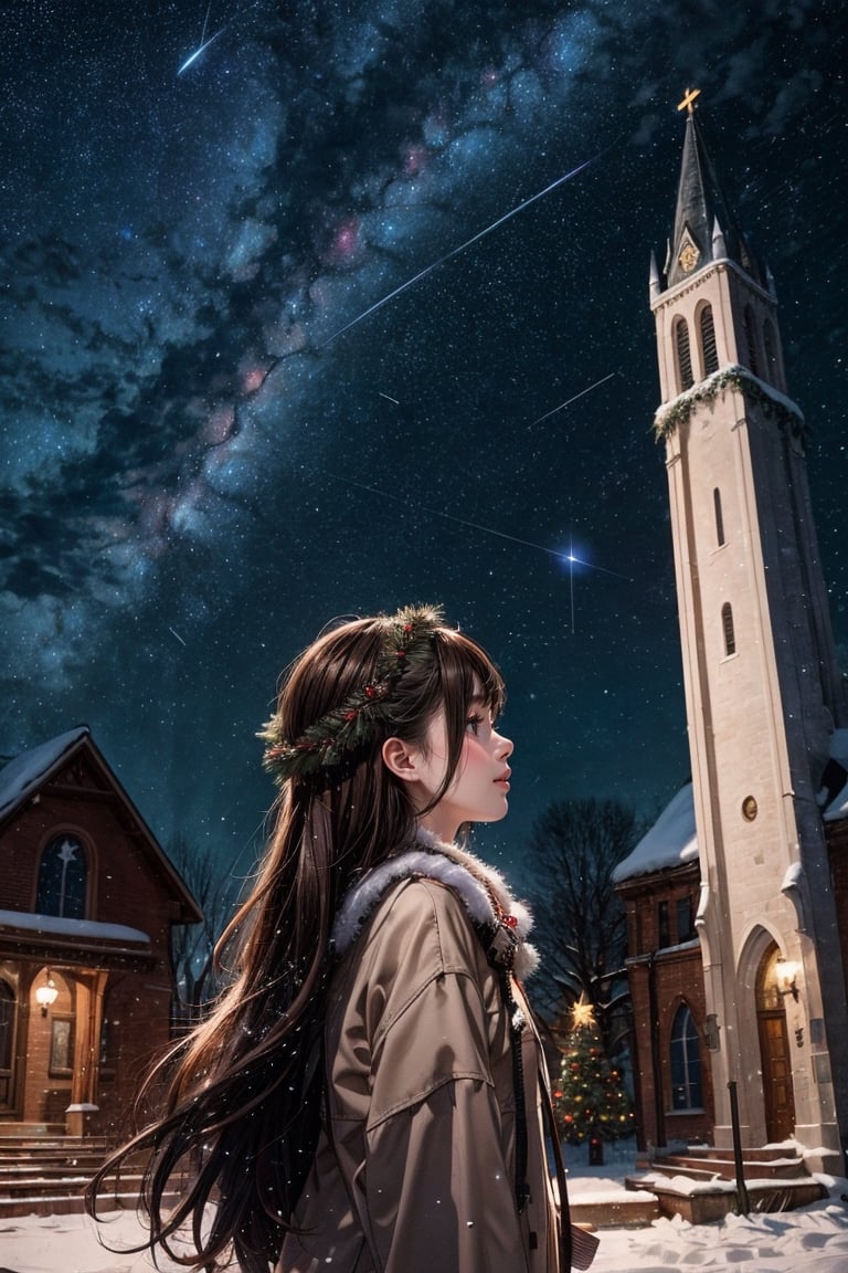 On Christmas Eve when it snowed, in the square in front of the church, dressed in Christmas clothes,((1 human girl, long brown hair)),(Low light source),((snowing outside)),(((At midnight))),((starry sky)), Gorgeously decorated Christmas tree