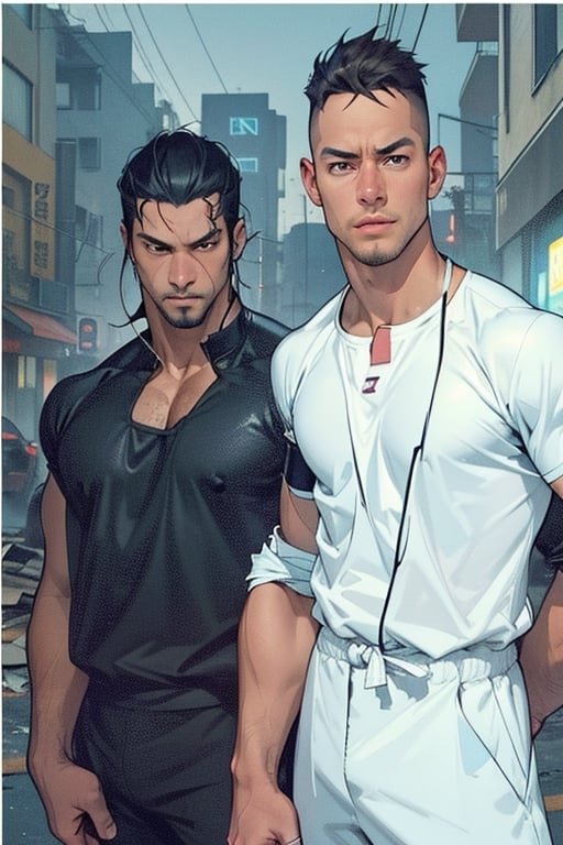 Portrait, 30yr old man, tan brown_skin, tall muscular, comic book character, black and blue shiny preying mantis kung-fu jacket, white frog buttons front of jacket and sleeves, thick neck muscles, perfect muscular arms showing circular motion, hands forward, wrists both hands bent, balding head, fists both hands clinched,  muscular legs,  bent knee karate stance,  right leg bending forward,  ankle bending, foot on toe, lightweight shoes, perfect eyes, perfect thick nose, perfect mouth, perfect muscular arms, perfect hands, electrical discharges around body, perfect relaxed look, electrical discharges through eyes, nighttime scene, explosions, destroyed buildings,  half_moon background,  cloud_scape,  looking_at_camera, full_body pose 