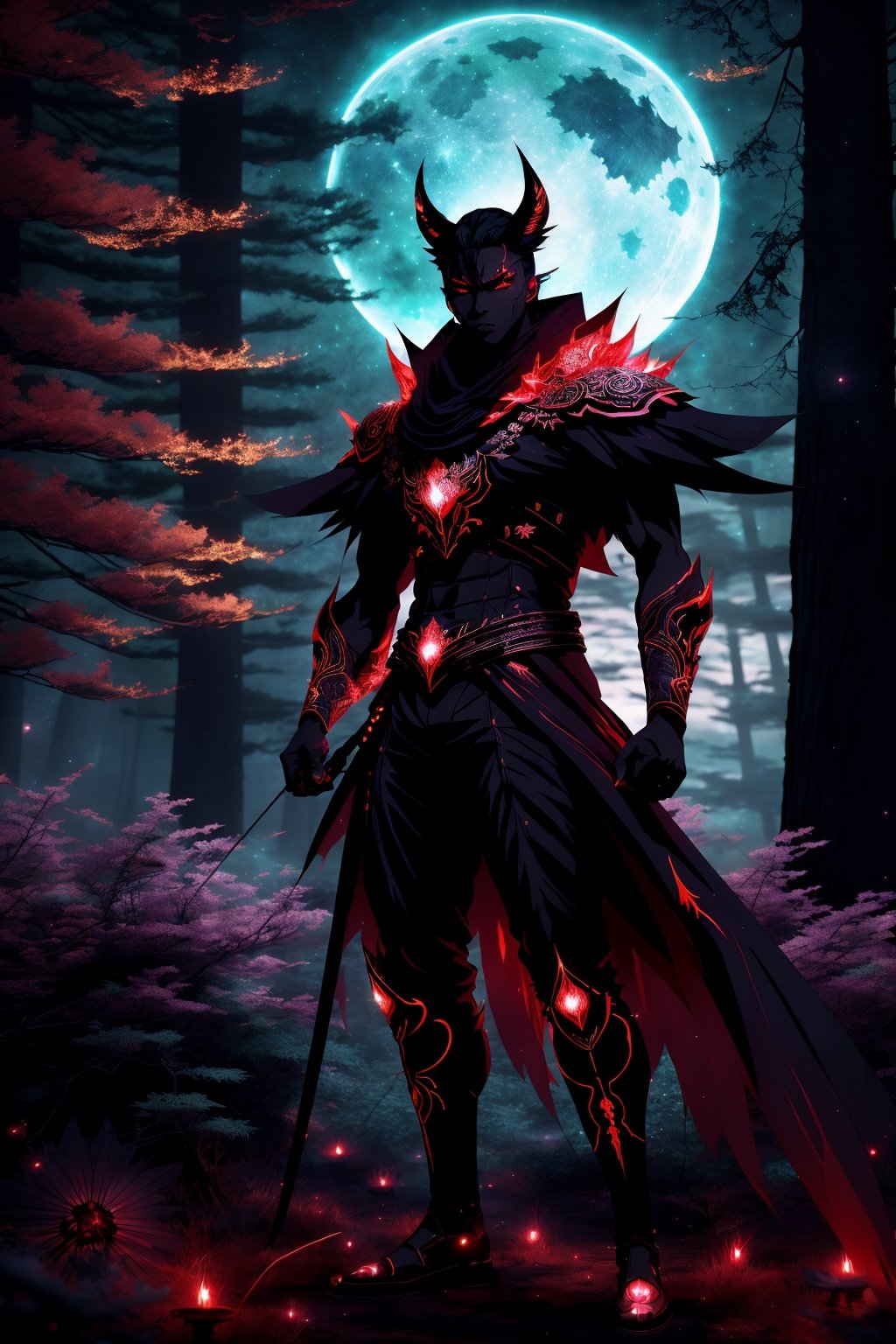 (Anime-style:1.3), (Dark and intense:1.2), A striking African male character, poised for battle, stands against a deep moonlit forest background adorned with crystals. Glowing red hollow fire particles dance around the scene, creating an otherworldly ambiance. The unique pastel look adds an ethereal touch to this dramatic and visually intense composition. 