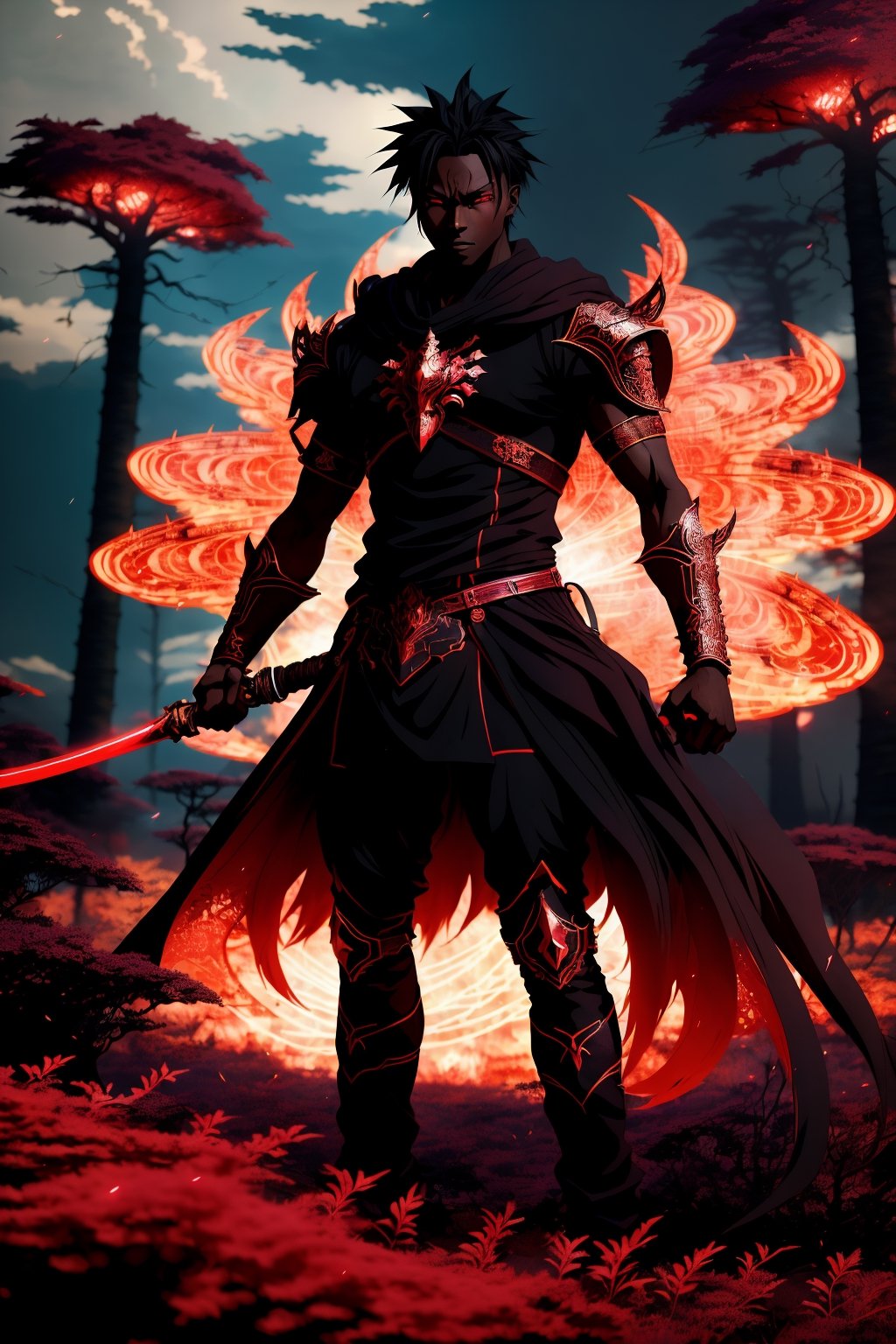 (Anime-style:1.3), (Dark and intense:1.2), A striking African male character, poised for battle, stands against a deep crimson background adorned with Magnificent swords. Glowing red hollow fire particles dance around the scene, creating an otherworldly ambiance. The unique pastel look adds an ethereal touch to this dramatic and visually intense composition. 