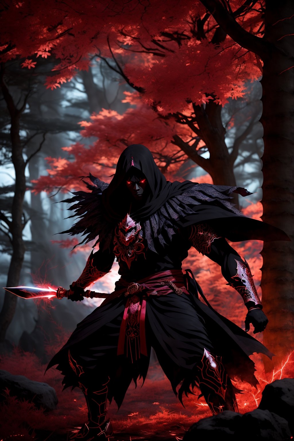 (Anime-style:1.3), (Dark and intense:1.2), A striking African male character, shrouded in shadows and poised for battle, stands against a deep crimson background adorned with Magnificent swords. Glowing red hollow fire particles dance around the scene, creating an otherworldly ambiance. The unique pastel look adds an ethereal touch to this dramatic and visually intense composition. Photo Realistic.