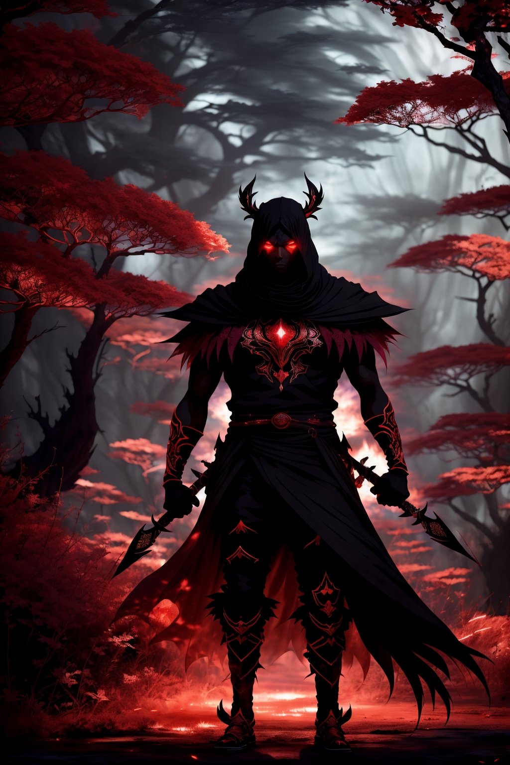 (Anime-style:1.3), (Dark and intense:1.2), A striking African male character, shrouded in shadows and poised for battle, stands against a deep crimson background adorned with Magnificent swords. Glowing red hollow fire particles dance around the scene, creating an otherworldly ambiance. The unique pastel look adds an ethereal touch to this dramatic and visually intense composition. 