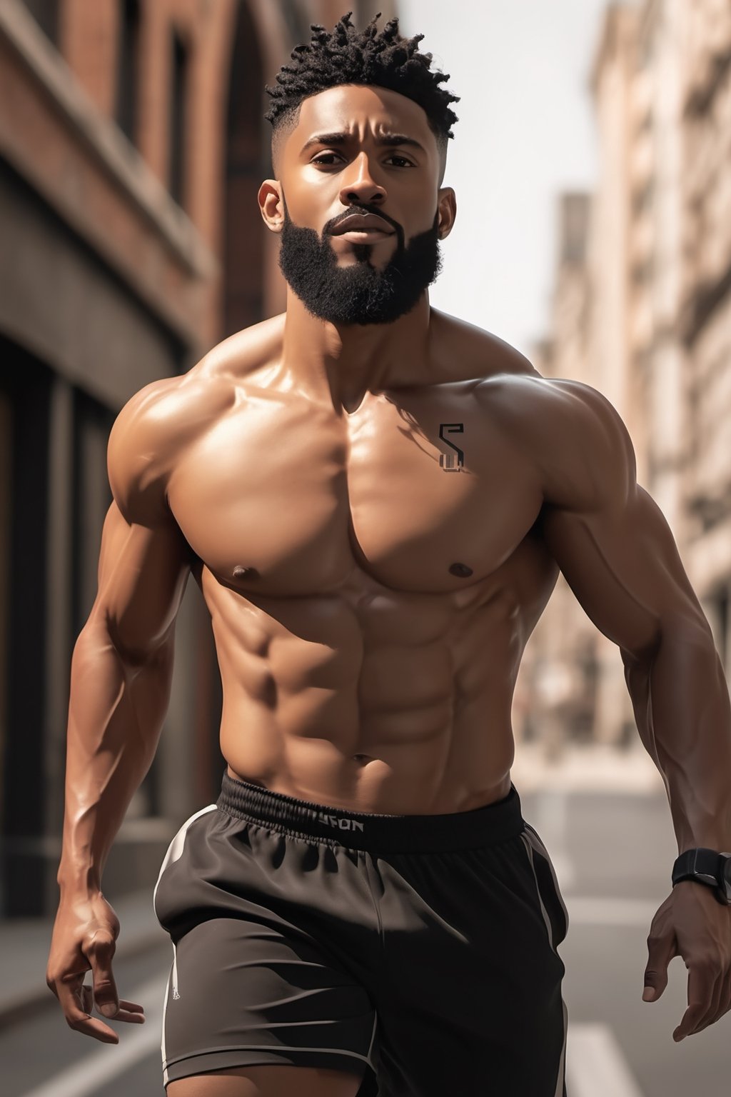 Full body, Black male, Highres, best quality, extremely detailed, male runner, full body, muscular_figure, HD, 8k, black_hair, light-brown eyes, beard 
