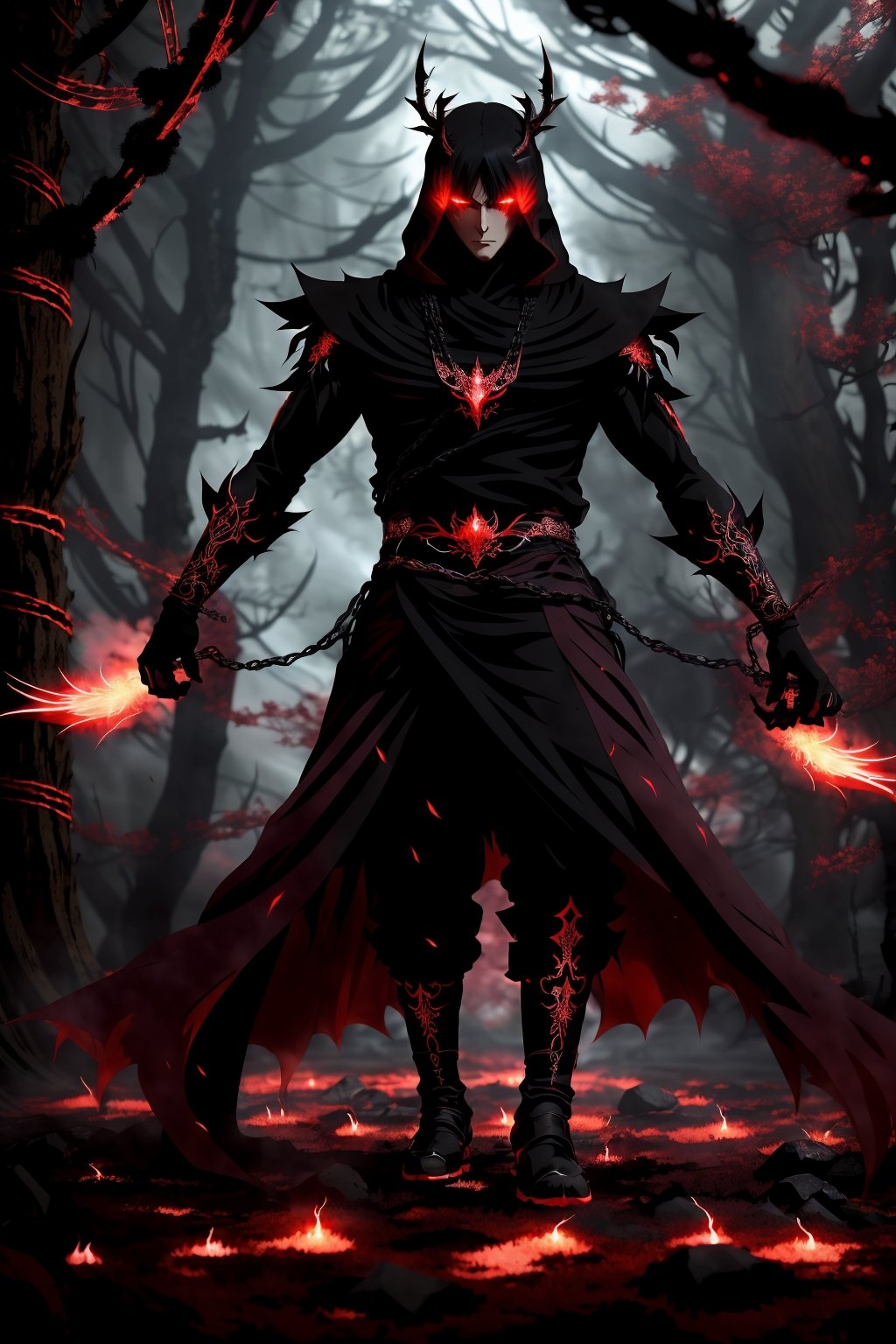 (Anime-style:1.3), (Dark and intense:1.2), A striking anime character, shrouded in shadows and poised for battle, stands against a deep crimson background adorned with menacing chains. Glowing red hollow fire particles dance around the scene, creating an otherworldly ambiance. The unique pastel look adds an ethereal touch to this dramatic and visually intense composition.