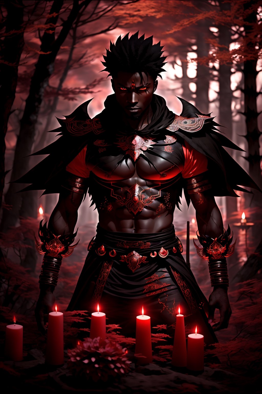 (Anime-style:1.3), (Dark and intense:1.2), A striking African male character, poised for battle, stands against a deep crimson forest background adorned with candles. Glowing red hollow fire particles dance around the scene, creating an otherworldly ambiance. The unique pastel look adds an ethereal touch to this dramatic and visually intense composition. 