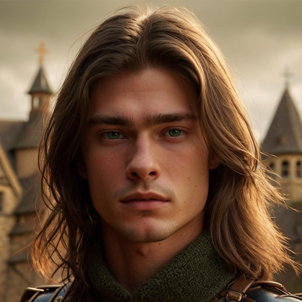 (man), (20 year old), (darkbrown hair), (straight hair), (green eyes), (almond eyes), (small eyes), (downturned eyes), (small lips), (thin lips), (wide nostrils), (long face), (prominent jawline), (bushy eyebrows), (young orlando bloom:0.6), (Chris Hemsworth:0.9), very long hair, hair past the shoulders, medieval hair, wearing full medieval armour, looking at the camera, medieval tourney background