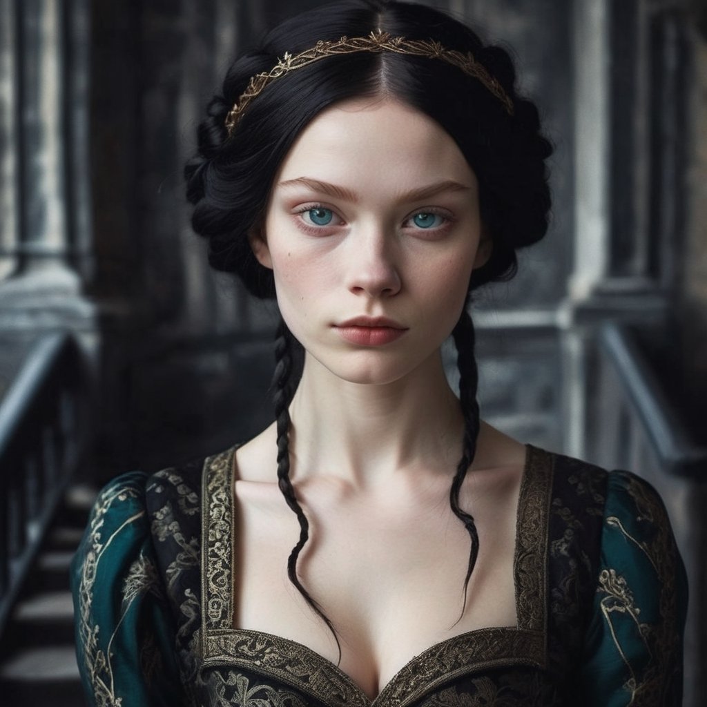 woman with raven hair and bleached_brows, albinism, ((black_eyes, square_face, small jaw, small nose, wide eyes, round eyes, thin eyebrows, big forehead, strict gaze, tense pose)), medieval up-do, braid-shaped bronze headband, wearing medieval dress with embroidered sweetheart neckline, cotton damask pattern, black and dark teal colored dress, dark castle hall background, looking at the camera