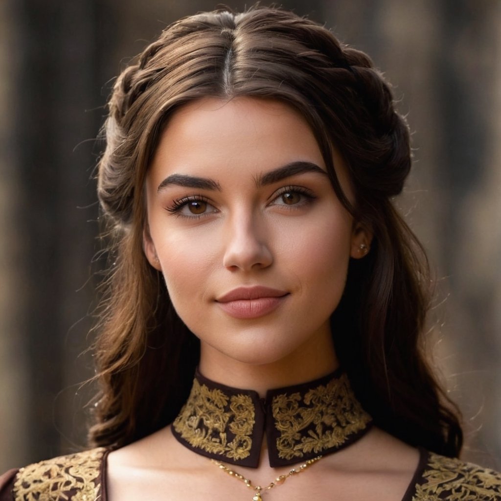 (tatti gabrielle:0.6), ((young woman)), ((very dark brown hair)), big lips, tanned skin, hispanic, round cheeks, natural brows, subtle smile, ((brown eyes)), 
girl, 17 year old, darkbrown straight hair in intricate medieval hairstyle, sweetheart neckline, medieval round neckline darkbrown inner damask pattern cotton dress, medieval high v-neck solid black royal outer warm dress, with long straight sleeves, closed neck and chest, gold embroidery along the edge of the neckline, figure fitting soft dress, simple solid elegant golden choker with pearls, game of thrones inspired, looking at the camera, medieval movie screenshot