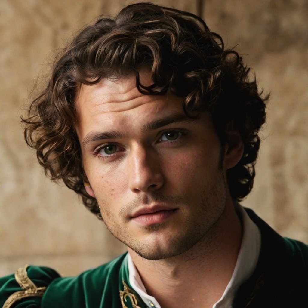 man in his 30s, (Kaitlyn Dever:0.3), (Natalie Dormer:0.4), (Jamie Dornan:0.7), (Henry Cavill:0.5), strong jawline, high forehead, straight nose, freckles all over body and face, ((tanned skin:1.4)), big eyes, round eyes, big lashes, ((brown eyes)), natural eyebrows, dark brown hair, curly hair, playful look, small lips, thin lips, medieval man in his 30s with dark brown curly hair, tanned freckled skin, wearing medieval emerald green velvet lord clothes with slight golden pattern and white shirt underneath, looking at the camera, sitting by the medieval writing table background