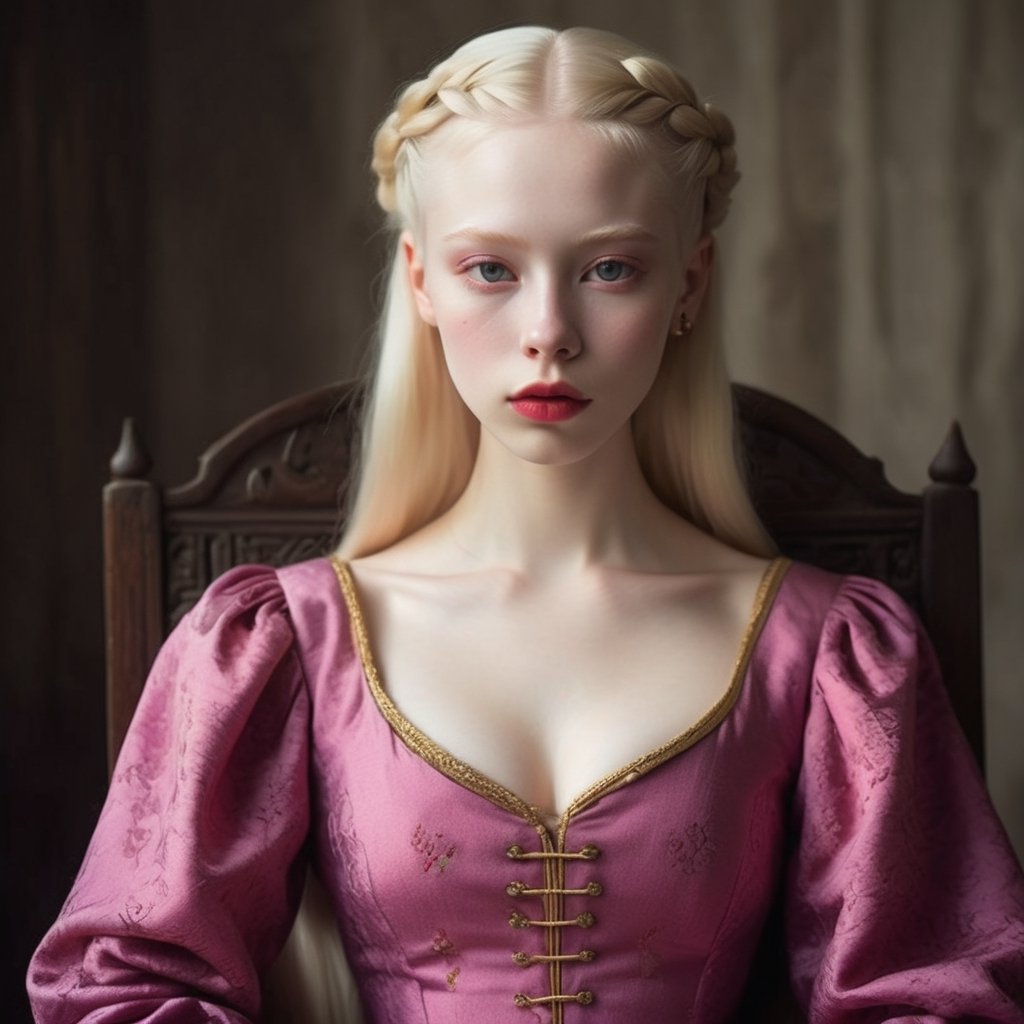 woman with long bleached hair and bleached_brows, albinism, ((black_eyes)) ((round face, soft face features, small nose:1.3)), ((big lips, poty lips:1.4)), ((almond eyes, narrow eyes:1.3)), ((small nose, pointy ears)), pink inner damask pattern cotton dress, medieval high v-neck solid violet royal outer warm dress, with long straight sleeves, closed neck and chest, gold embroidery along the edge of the neckline, figure fitting dress, simple solid elegant golden choker, game of thrones inspired, early medieval fantasy inspired royal female clothes, sitting in a chair, looking at the camera, ((side braids))