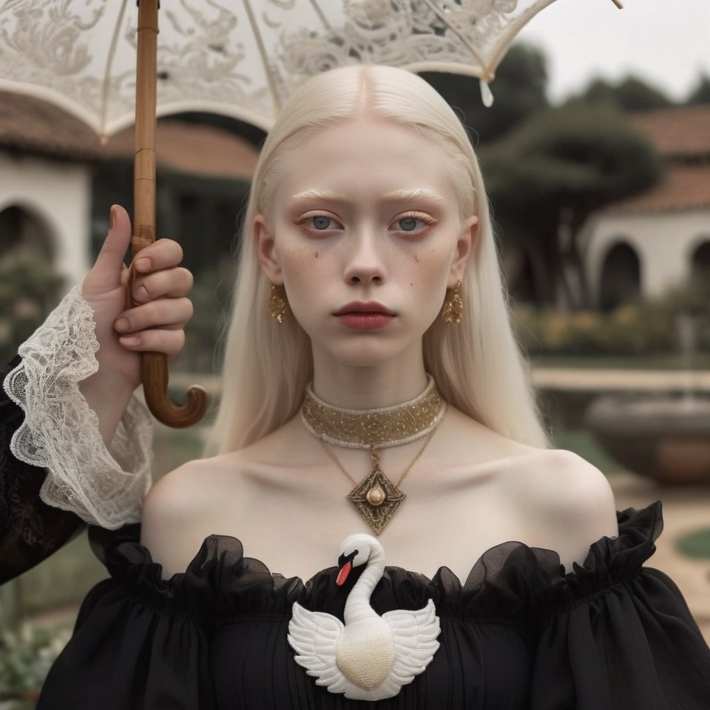 woman with long bleached hair and bleached_brows, albinism, ((black_eyes, triangle_face, small jaw, small nose, wide eyes)), black chiffon off-shoulder dress with white swan embroidery, a servant is holding medieval white sun umbrella over her, Spanish-inspired garden background, golden necklace, annoyed look