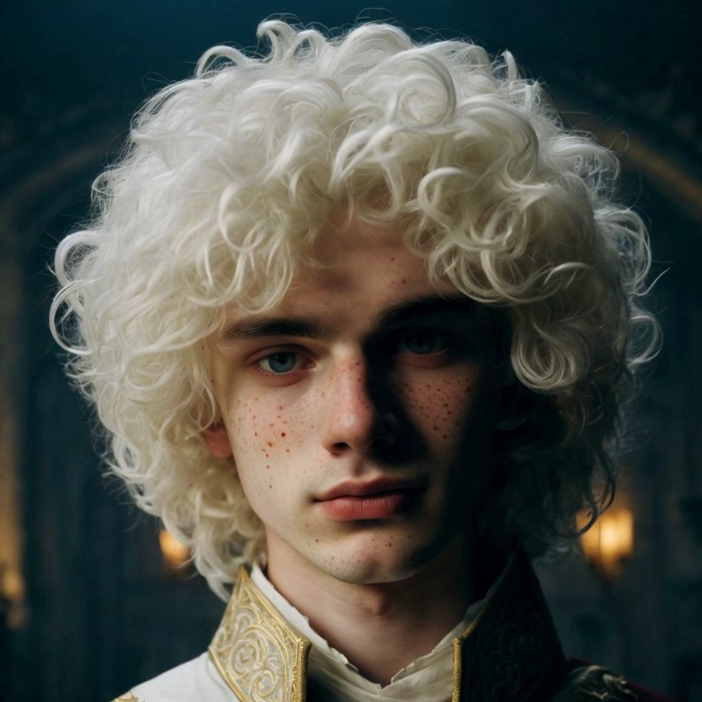 19 year old boy, pale skin,  strong jawline, big jaw, thin lips, deep-set eyes, blue eyes, freckled skin, oval faceshape, long face, small lips, arched eyebrows (platinum white hair), medieval movie screenshot, 19 year old boy, pale skin, very curly targaryen white hair, wearing white medieval noble clothes embroidered with maroon and gold, standing in a dimly lit castle hall with a subtle smile, looking at the camera, mystic vibes 