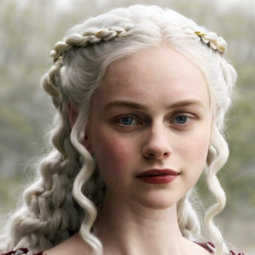 young woman, pale skin,  strong jawline, big jaw, thin lips, deep-set eyes, blue eyes, flared nostrils  (platinum white hair), george, medieval movie screenshot, young, pale skin, very curly targaryen white hair braided, wearing wearing maroon square-neck red dress embroidered with pearls and gold, looking at the camera with shy smile