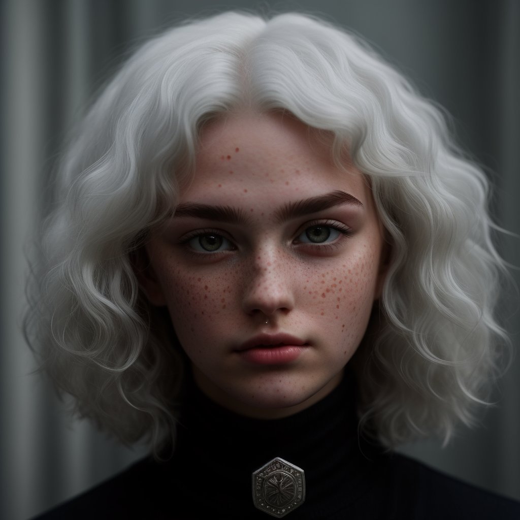 (ultraquality)), ((masterpiece)), ((medieval)), (detailed eyes), ((detailed face)), ((volumetric light)), natural eyebrows, (pale skin:1.2), portrait of a young woman, 16 years old ((platinum white hair, very curly hair)), natural backlight, (round mesmerizing eyes), (Tom Glynn-Carney portrait:0.5), (small narrow nose:1.3), (Tom Glynn-Carney eyes and eyebrows:1.1), (soft eyebrows, curved eyhebrows:1.3), (almond-shaped eyes:1.2), ((round cheeks, chubby cheeks)), ((full lips, round lips, full upper lip)), ((freckles)), (Amanda Seyfried:0.6)
