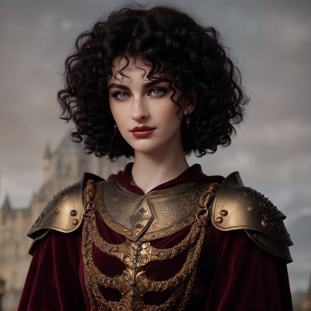 ((ultraquality)), ((masterpiece)), ((half-body)), (woman), (detailed eyes), (detailed face), (black curly bob hair), (red medieval dress), (golden armor shoulders), (red ancient earrings), (bushy black brows), (sharp face features:1.2), (deep glaring eyes), (smirking:1.2), (short nose, snub nose:1.3), (big lips:1.2), (pale skin:1.4), (hooded eyes:1.3), (medieval old castle background:1.3), (blue eyes:1.2), 