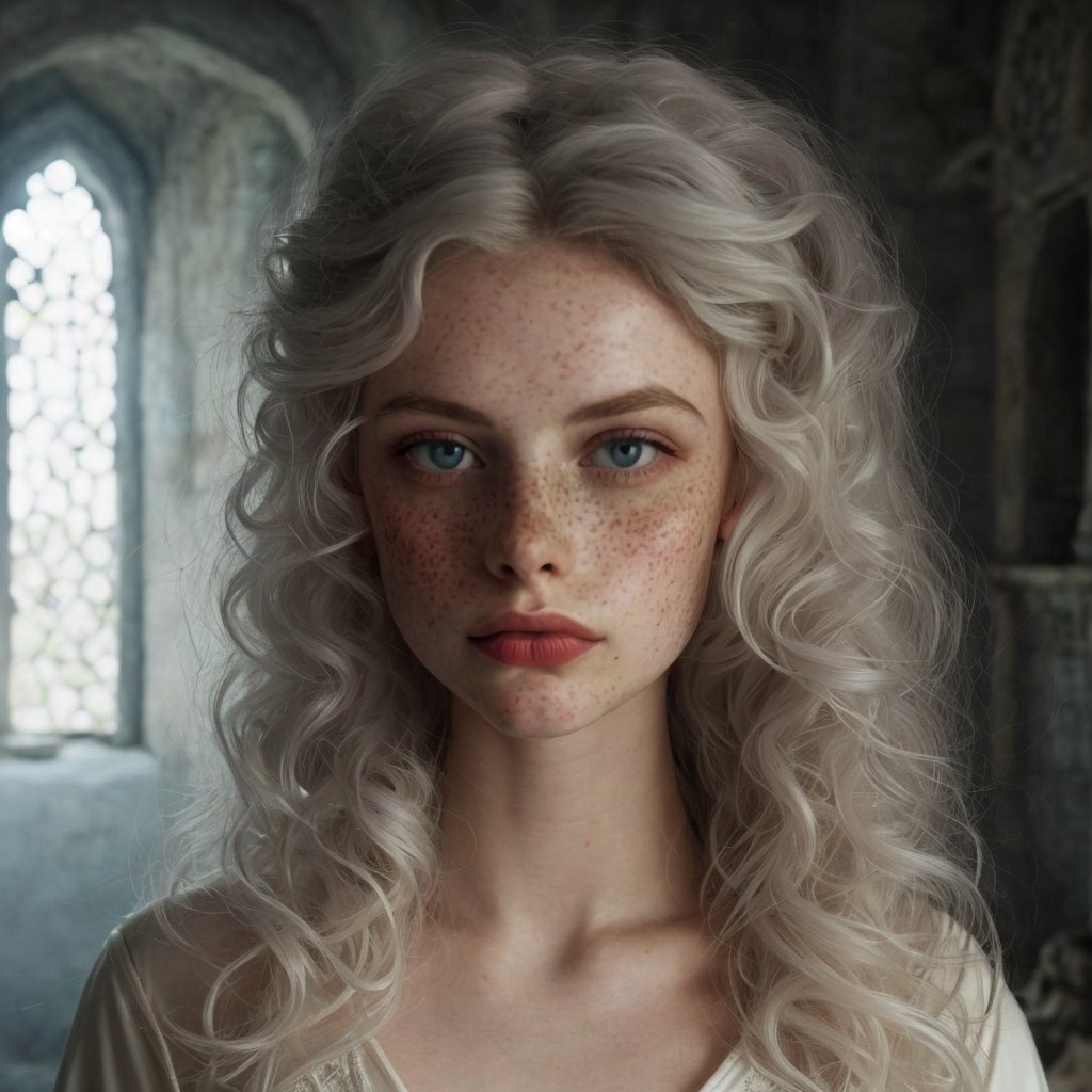 young woman, pale skin, freckled skin, strong jawline big lips, round eyeshape, blue eyes, petite nose, small nostrils, narrow nose, long eyelashes, rbcc, ((platinum white hair)), medieval movie screenshot, very pale skin, white curly hair, wearing simple medieval chiffon rose dust colored dress and white satin robe on top, v-neck deep neckline, medieval bedroom background, looking at the camera