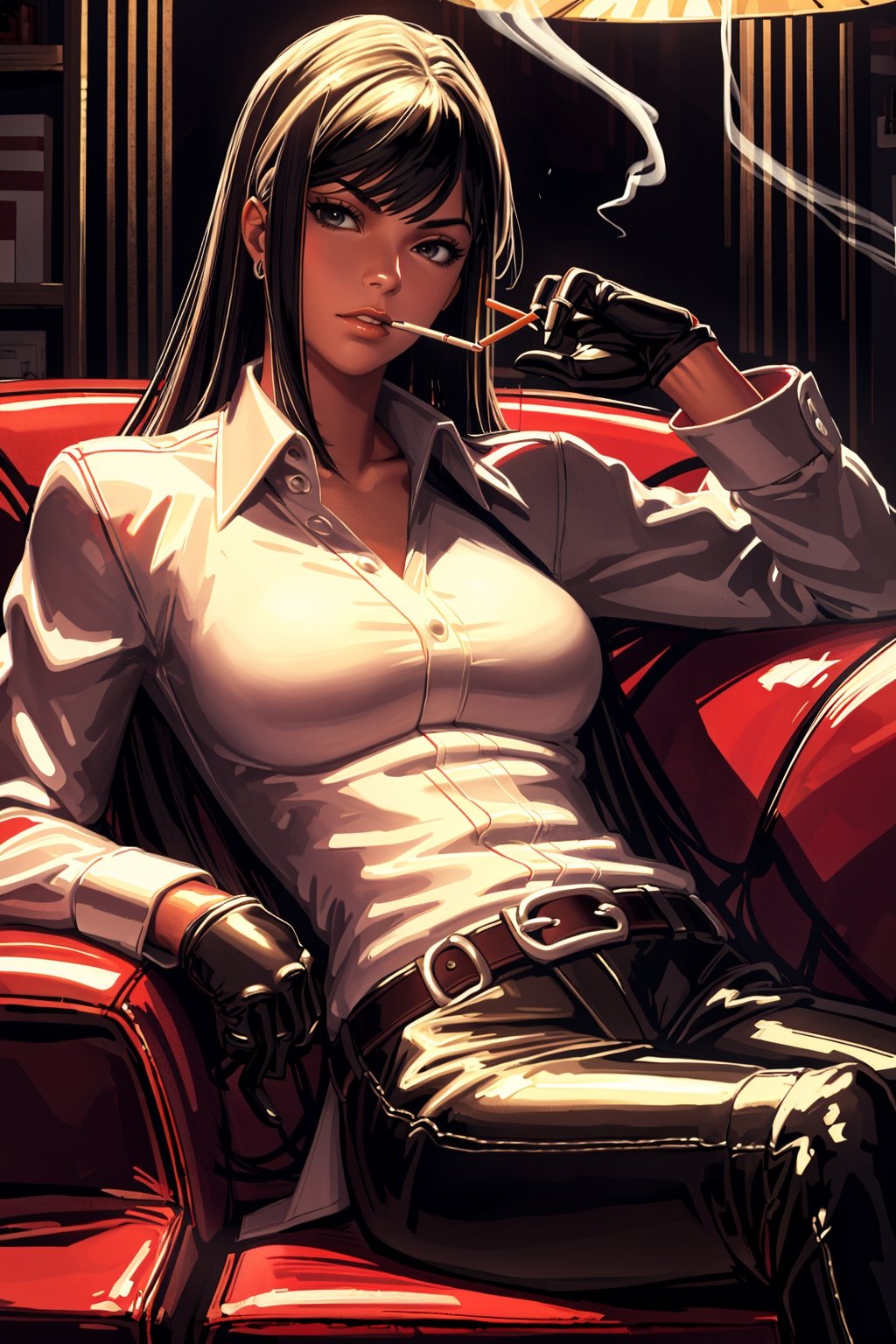 ((Masterpiece,best quality)),1girl,sitting ona luxury red couch, dressed like a professional contract killer, white shirt, black pants, black gloves, lighting a cigarette, dynamic lighting. Super high quality, ultra realistic. 