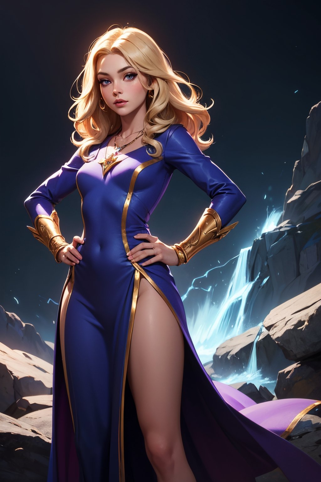 Masterpiece, best quality, (8k digital art), (fine details), lux, league of legends, Cute face, beautiful curious face, blonde smooth hair, perfect face, beautiful eyes, (purple necklace), standing, (hands on hips), dynamic wonder pose, beautiful legs, warrior soft free blue dress, wizard pants, elegant, simple valley background ,perfect