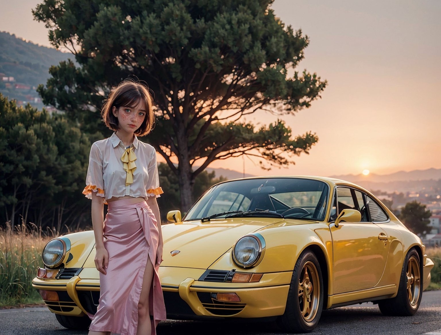 (((realistic))), (a girl stand leaning against front a vintage yellow-orange porsche car:1.6), girl focus, ((see through white frilly shirt:1.3), full body, (pink maxi satin skirt:1.3), (sweaty)), (flashing panty:1.2), 25 years old, (beautiful puffy clouds,  sunset sky), (sunset, lush autumn hillside background:1.5), (small chest, slim, thin body, puffy nipple:1.3), (photography, realistic, bokeh, blur), ((wavy short bob cut)), (cenimatic lights, soft lights:1.3)