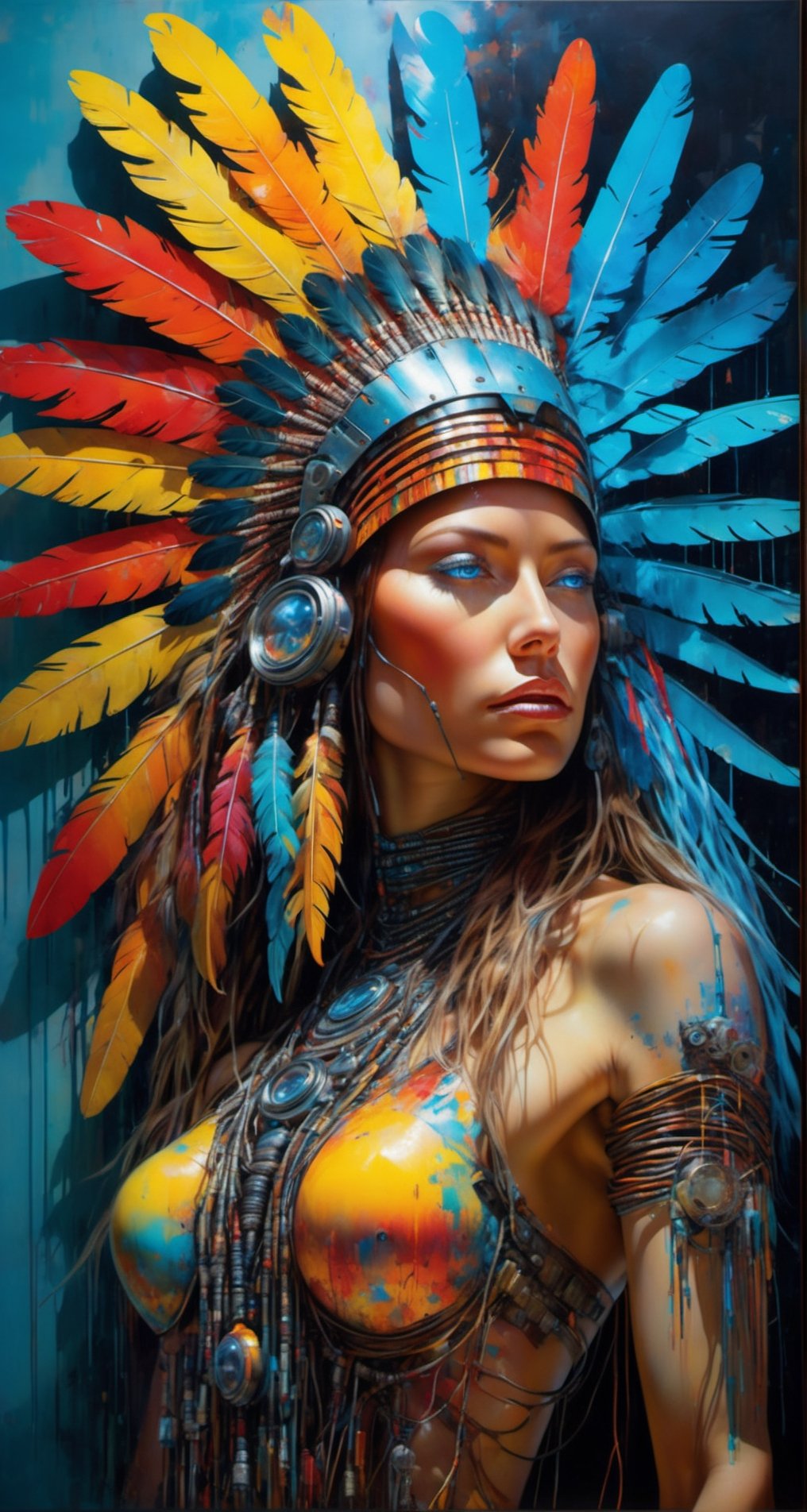 Please create a masterpiece,  stunning beauty,  perfect face,  light_blue_eyes, epic love,  Slave to the machine,  full-body,  hyper-realistic oil painting,  vibrant colors,  Body horror,  wires,   ,  native american war bonnet,  biopunk,  cyborg by Peter Gric,  Hans Ruedi Giger,  Marco Mazzoni,  dystopic,  golden light,  perfect composition,  multiple colours dripping paint,  