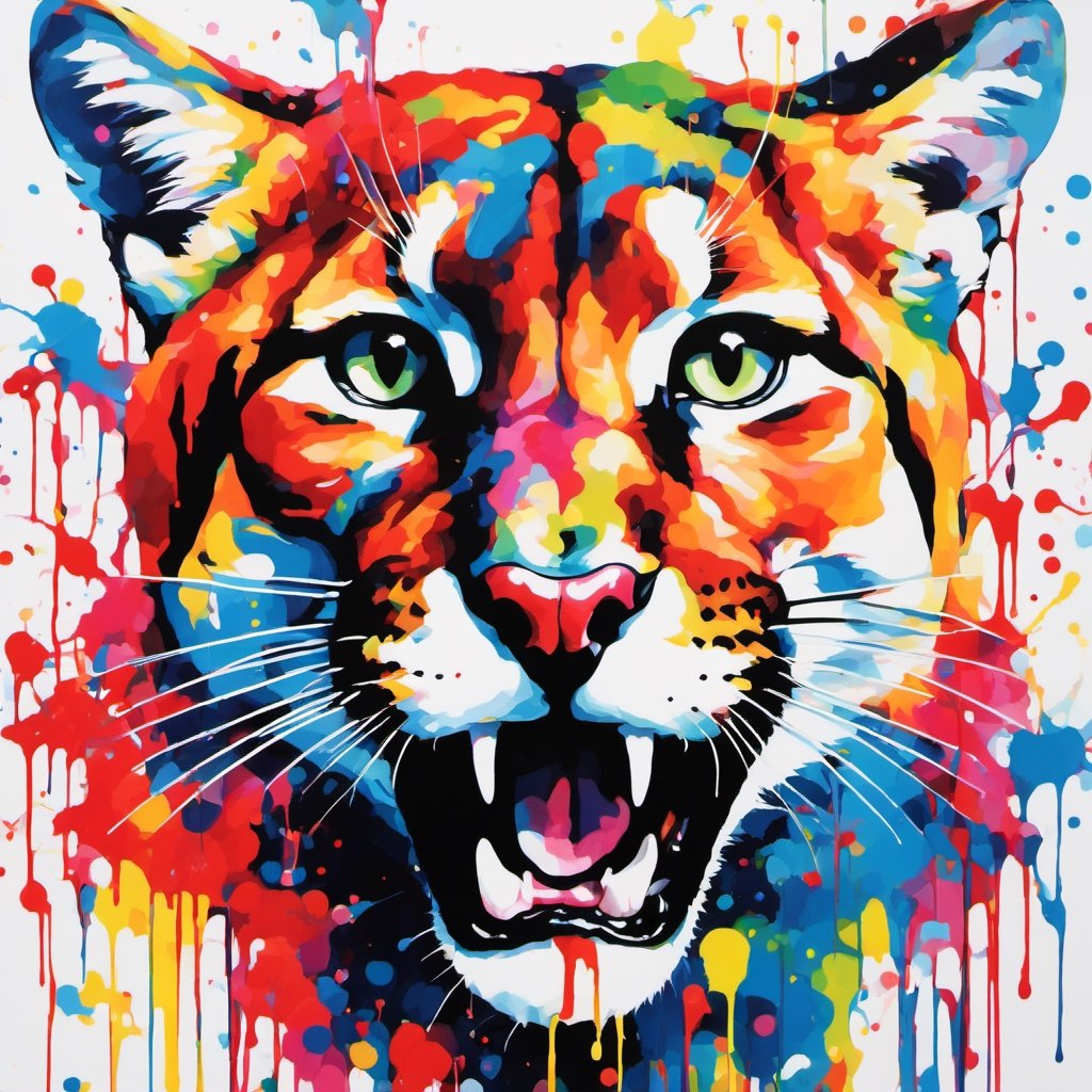 Cougar, multiple colours dripping paint, blood dripping from teeth, Colourful cat 