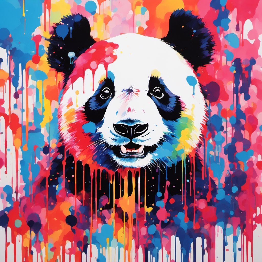 Panda bear, multiple colours dripping paint, blood dripping from teeth, Colourful cat 